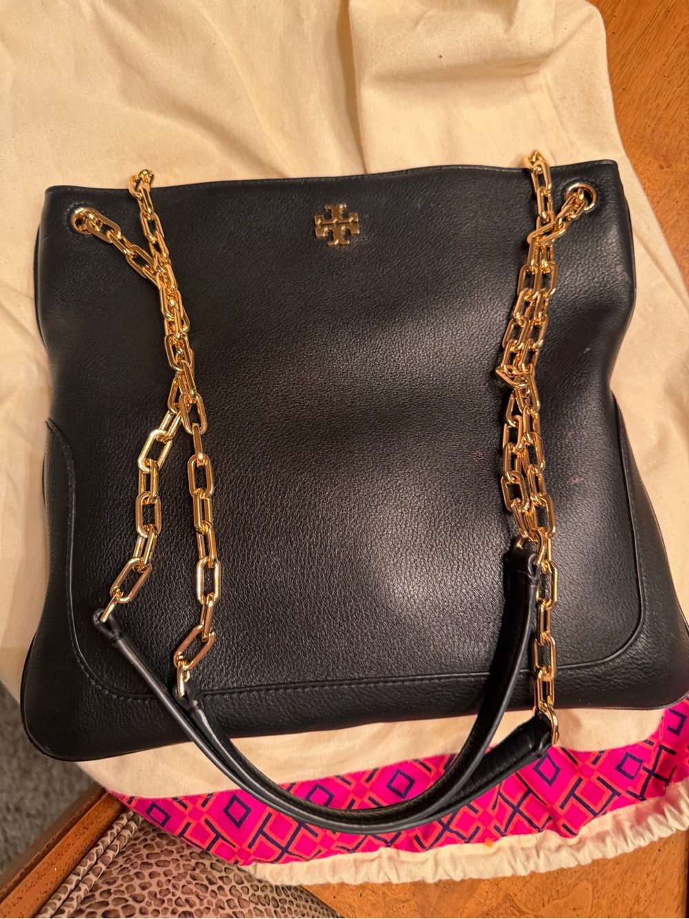Tory Burch Black Leather Shoulder Bag with Gold Chain Accents